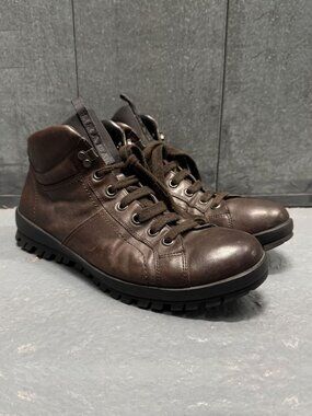 PRADA SPORT Dark Brown Leather Hiking Style Boots Lug Sole Sz 9 LINEA ROSSA